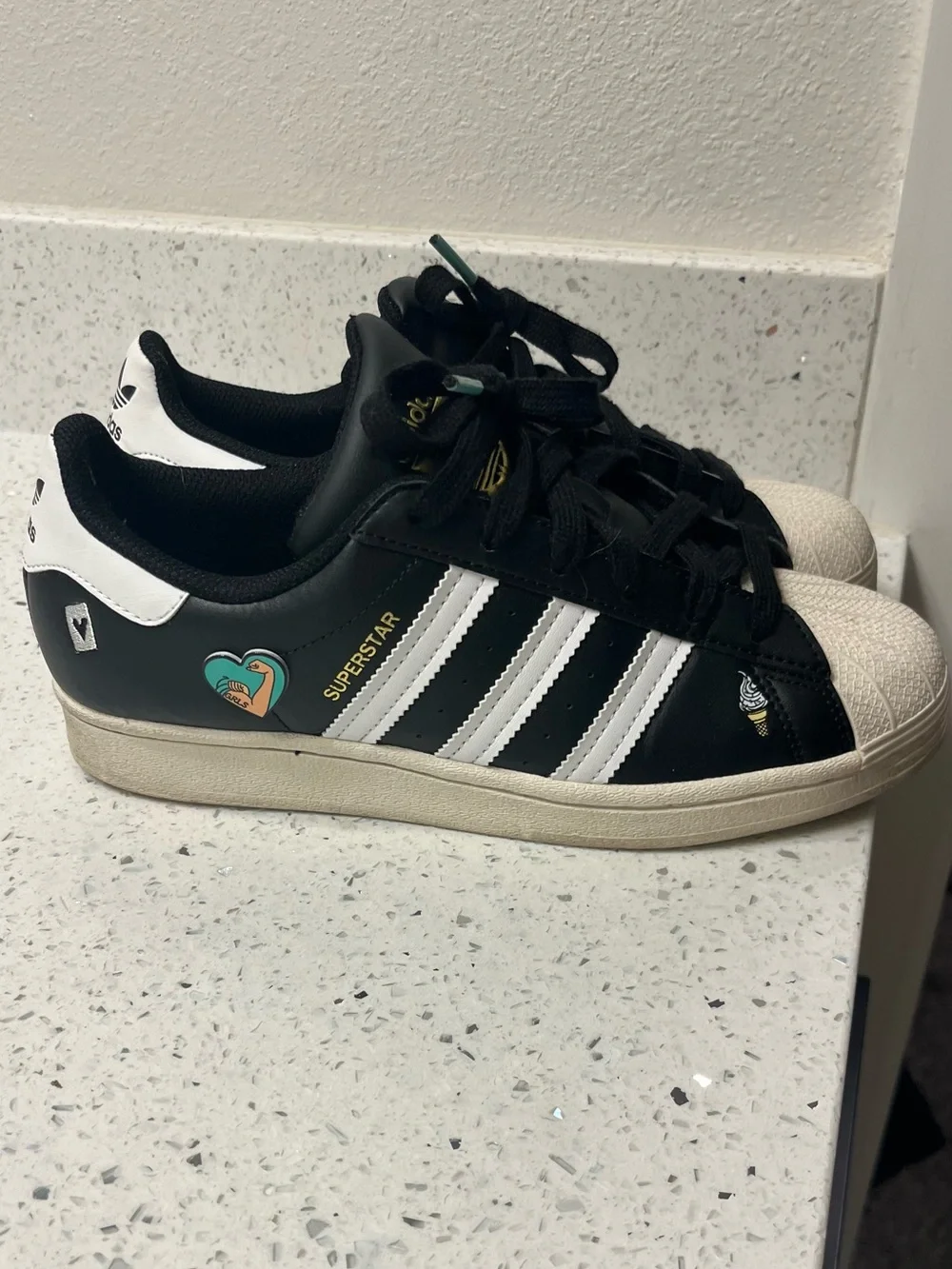 adidas Kids Black, White & Teal Superstar Sneakers